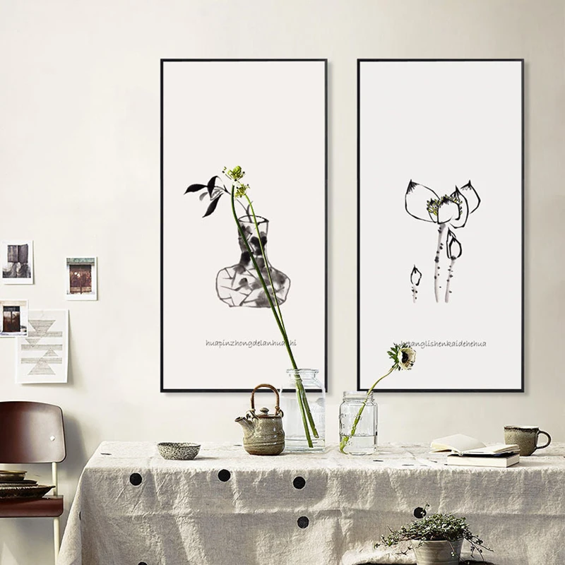 Традиционный китайский черно-белый вазон из фарфора HAOCHU с изображением бамбука и лотоса в технике моющей краски с элементами типографии и возможностью подвески в учебной комнате.