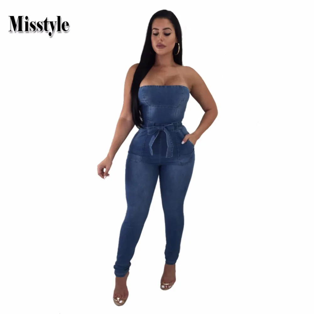 Misstyle Strapless Denim Jumpsuit Sexy Women Solid Empire Waist with Belt Skinny Summer Party Elastic Packet Rompers | Женская одежда