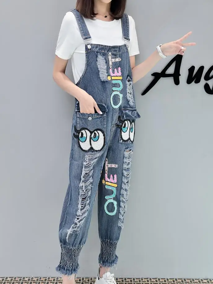 2018 Harajuku Street style women Denim Jeans Cartoon Sequined jean Jumpsuits Colored Letters and Ripped Hole Women Jean s1807 | Женская