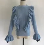 Light Blue Женские мягкие гофрированные свитера Топы с расклешенными рукавами однотонные вязаные женские Свитер в стиле кэжуал пуловеры - Цвет: Light Blue