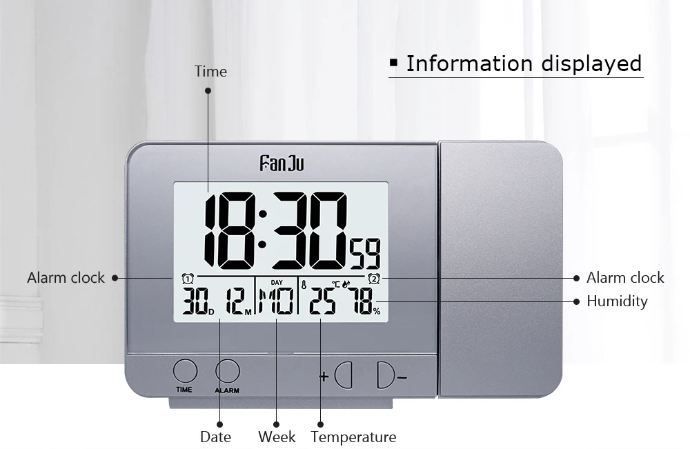 FanJu FJ3531 Цифровой проектор Будильник светодиодный электронный настольный Повтор Подсветка Температура Влажность Часы с проекцией времени