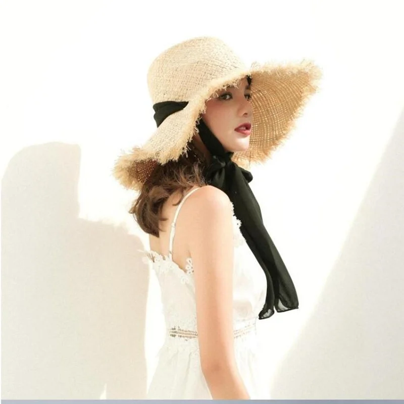 

100% Real Raffia summer caps Sun Hats For Women Beach Caps Sombreros Wide Brim Beach Side Cap Floppy Female Raffia Straw Hat