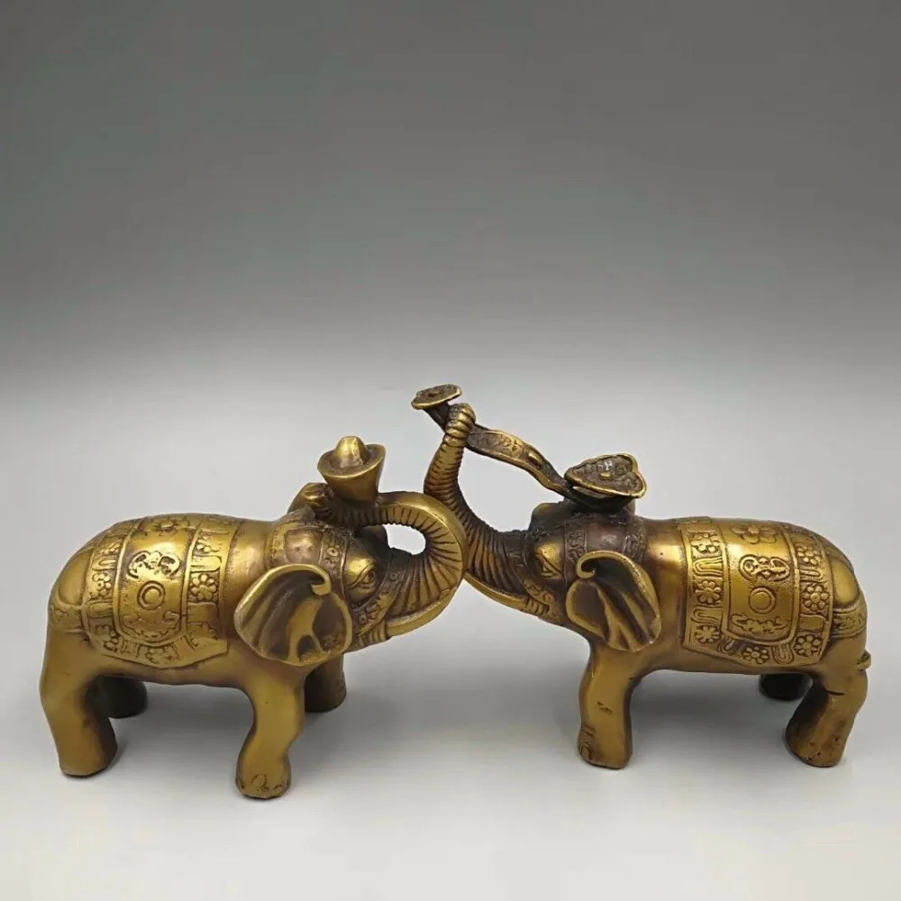 Пара китайские старые Латунные Литые слон декоративные статуэтки YRR | Дом и сад
