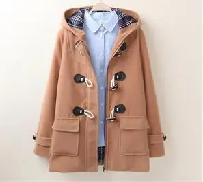 beige Дафлкот длинный отложной пуговица из рога капюшон воротник шерстяное пальто с широкой талией manteau femme верхняя одежда зимние пальто A248 - Цвет: beige