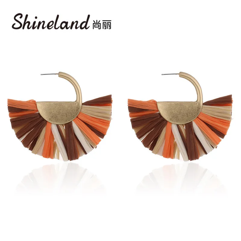 

Shineland Colorful Bohemia Raffia Tassel Earrings For Women Semicircle Ethnic Statement Dangle Earrings Female Jewelry 2021 New