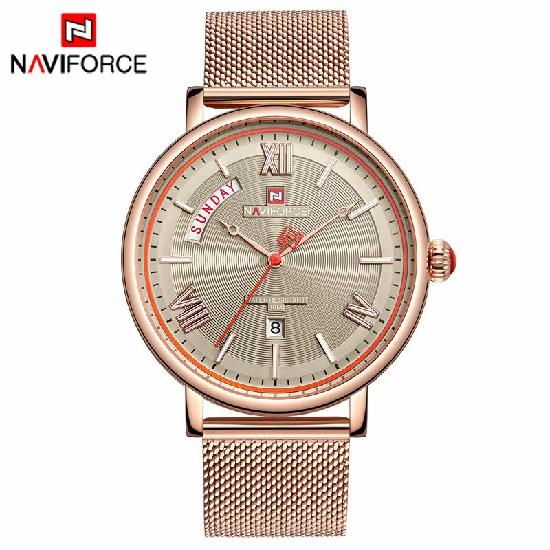 Rose Grey NAVIFORCE часы мужские модные деловые часы мужские повседневные водонепроницаемые кварцевые наручные часы синие стальные сетчатые часы Relogio Masculino - Цвет: Rose Grey
