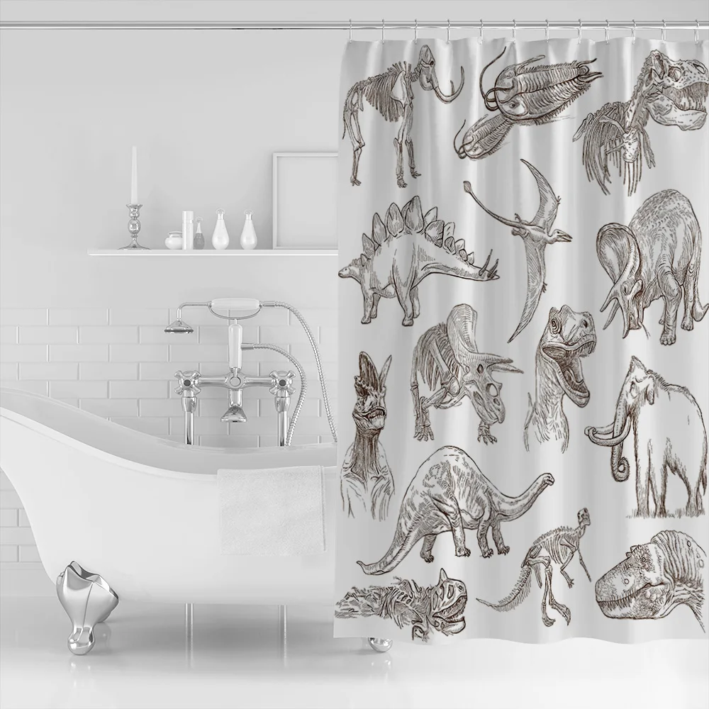 WARMTOUR Shower Curtain Dinosaur Illustrations Cartoon Waterproof Bathroom Decor | Дом и сад