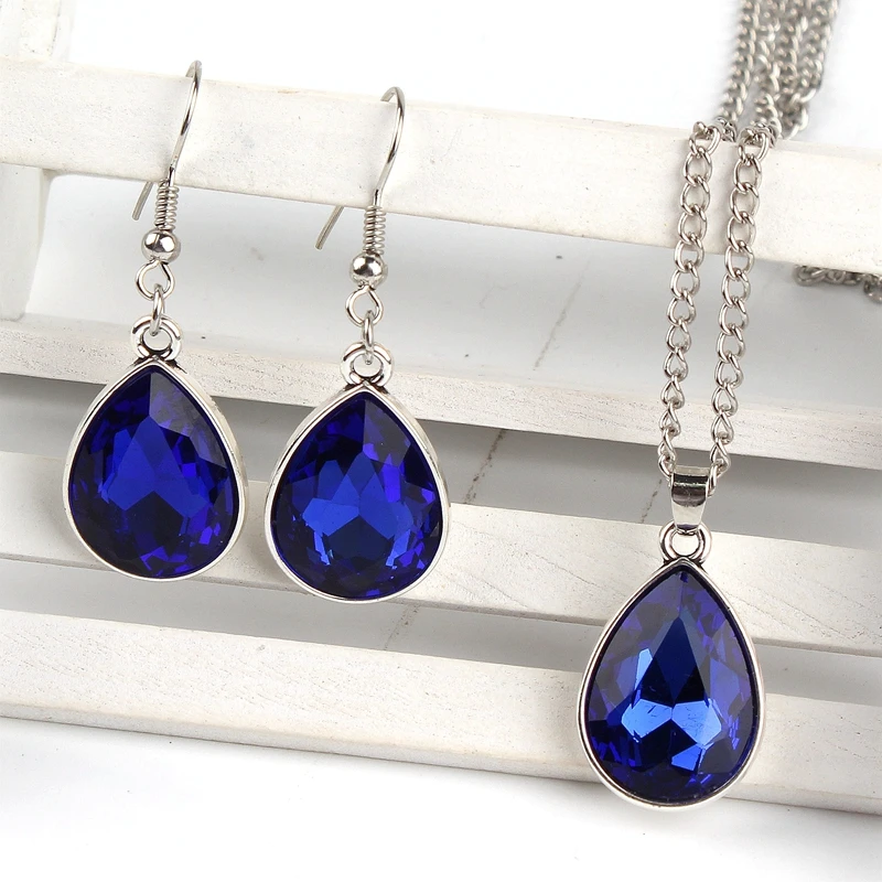 

1set Vintage Water drop Pendant Necklace & earrings Fashion Jewelry blue