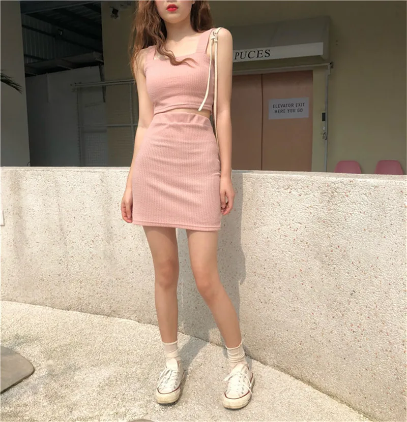 2PC Solid Black Pink Short Strap Vest Camisole&ampMini Bodycon Skirt Suits Thin Slim Sets Two-piece Summer Women's Outfits | Женская