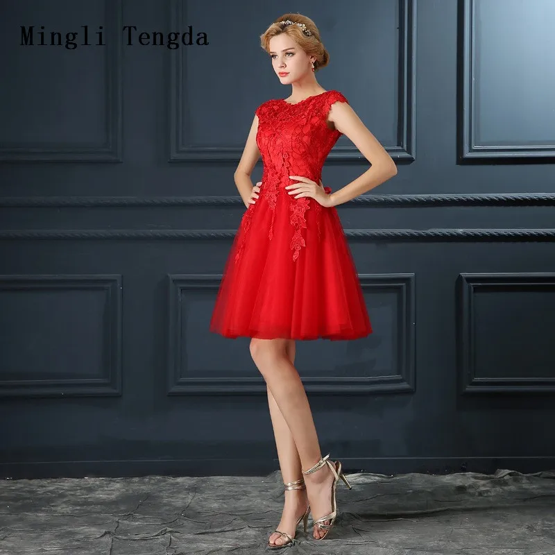 Mingli Tengda красное короткое платье для подружки невесты кружевное на плечо