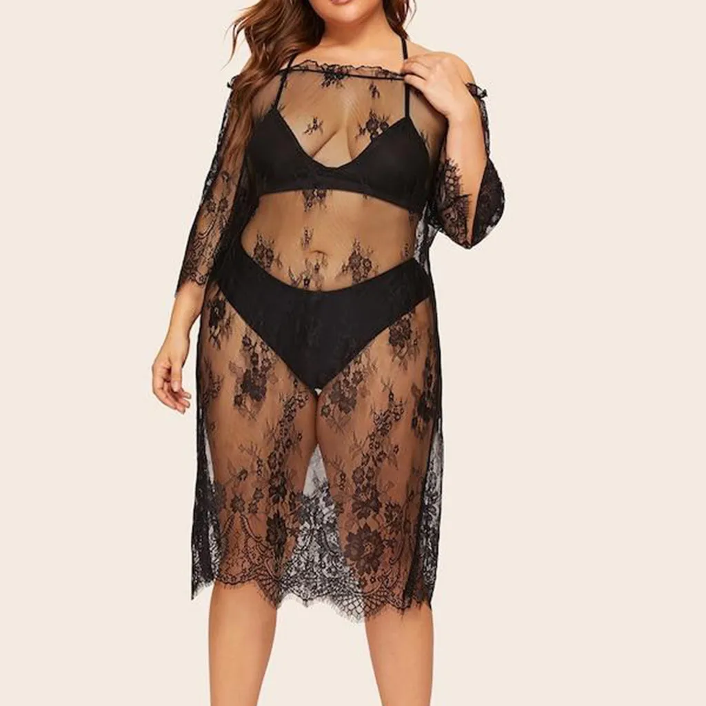 KANCOOLD Clothes Women Plus Size 5XL Print Lace Hollow Out Mesh Beach Dress Half Sleeve Long Coat Swimsuit Cover Ups Top Black