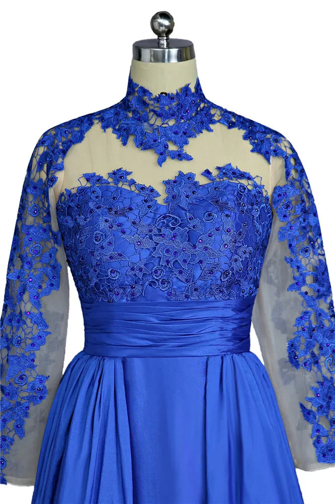 

Royal Blue Prom Dress A-line Long Sleeves Lace Beaded Open Back Women Long Prom Gown Evening Dresses Robe De Soiree