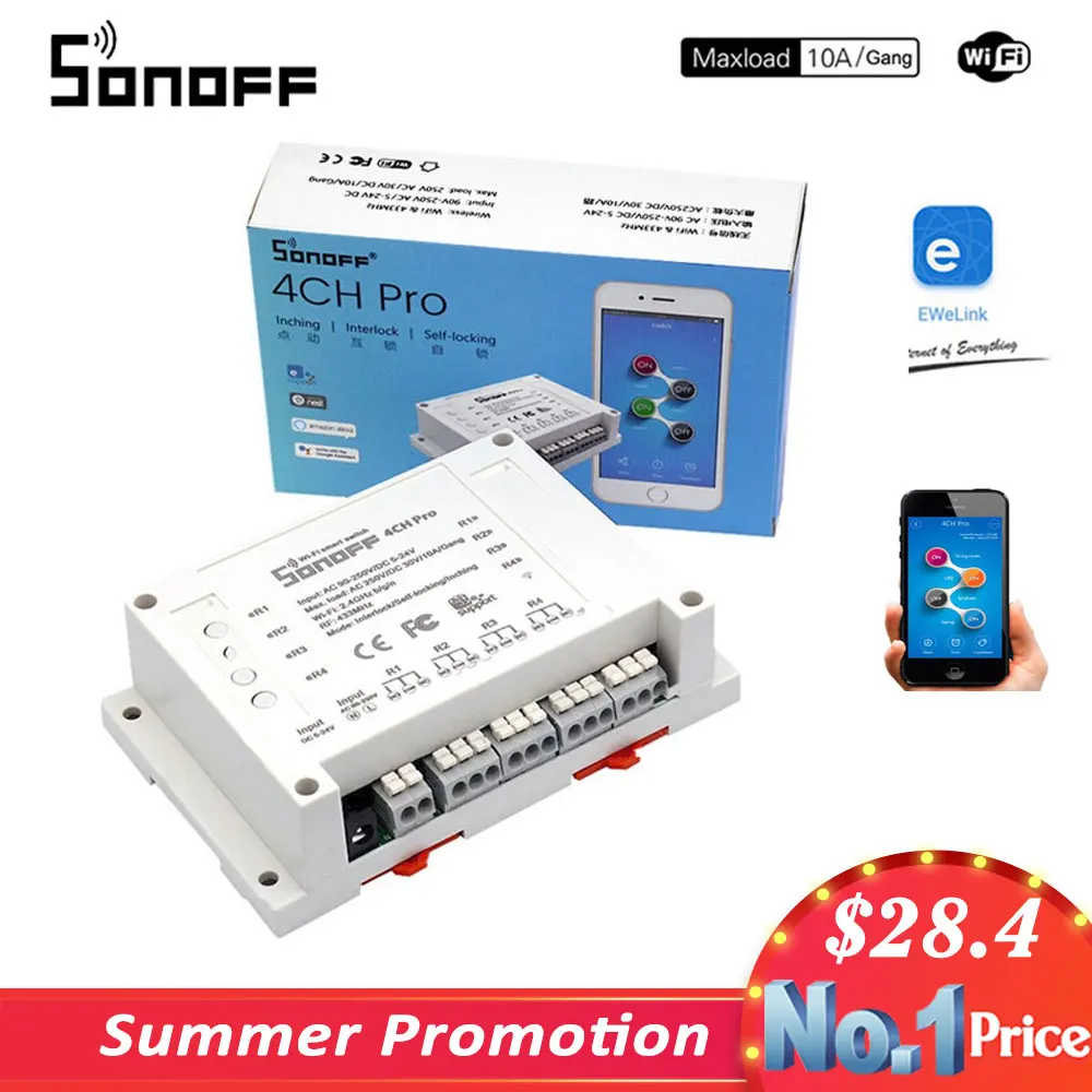 Sonoff 4CH Pro& Pro R2 умный Wifi переключатель домашний 433 МГц RF Wifi светильник 4 комплекта 3 режима работы инчинг Блокировка с Alexa