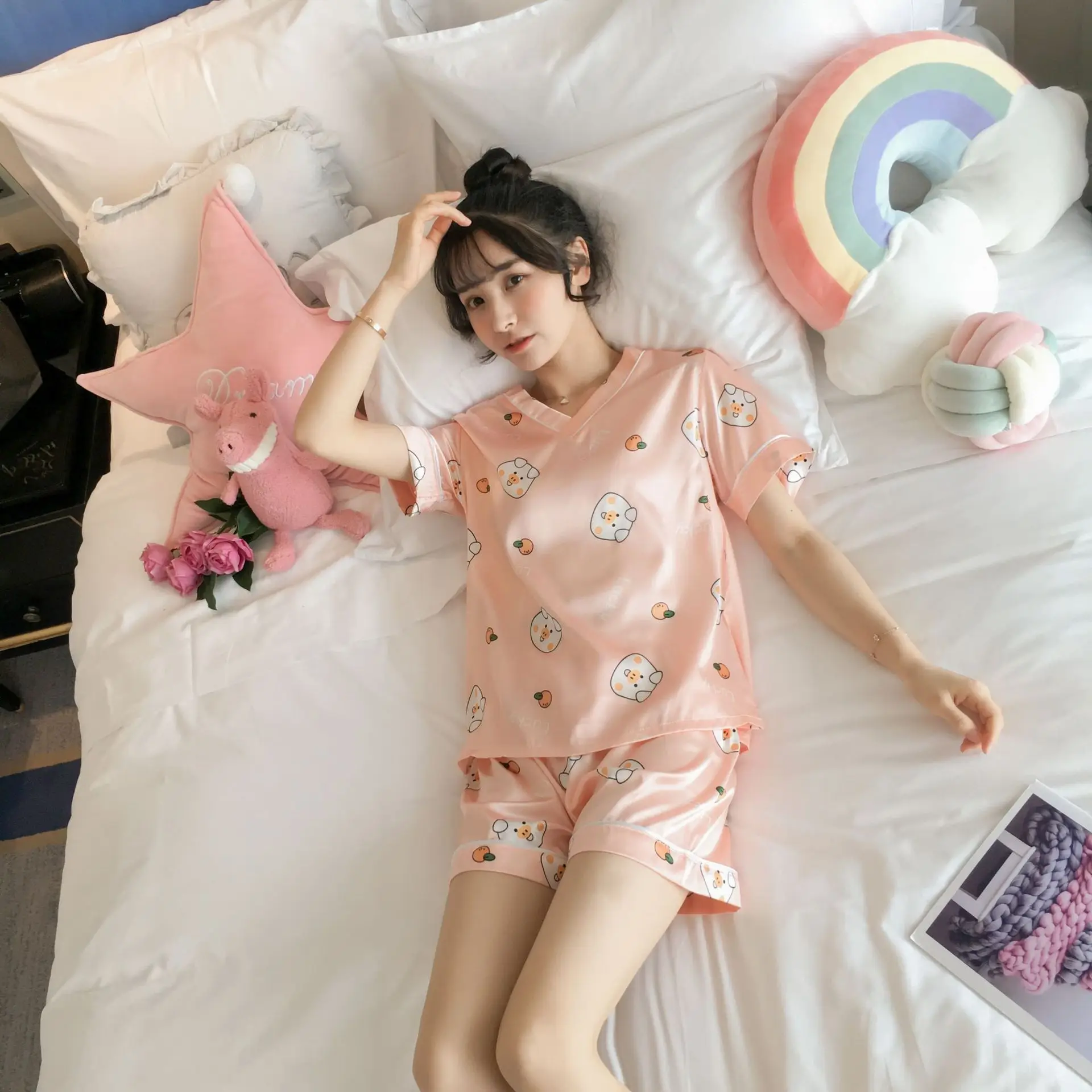 Pajama girls summer ice silk short sleeves two pieces of suit Korean fresh sweet lovely students thin silk home clothes