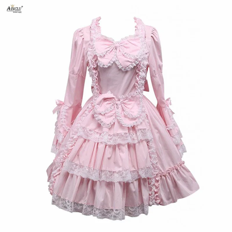 Весеннее/летнее/осеннее платье средней длины Ainclu, женское XS-XXL, розовое платье с длинными рукавами и рюшами, милое хлопковое ТРАПЕЦИЕВИДНОЕ платье лолиты - Цвет: Розовый