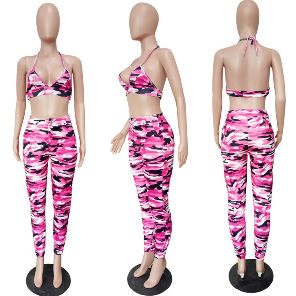 

Hot Camouflage Digital Print Strap Bra Top With Pants Summer Women Suits