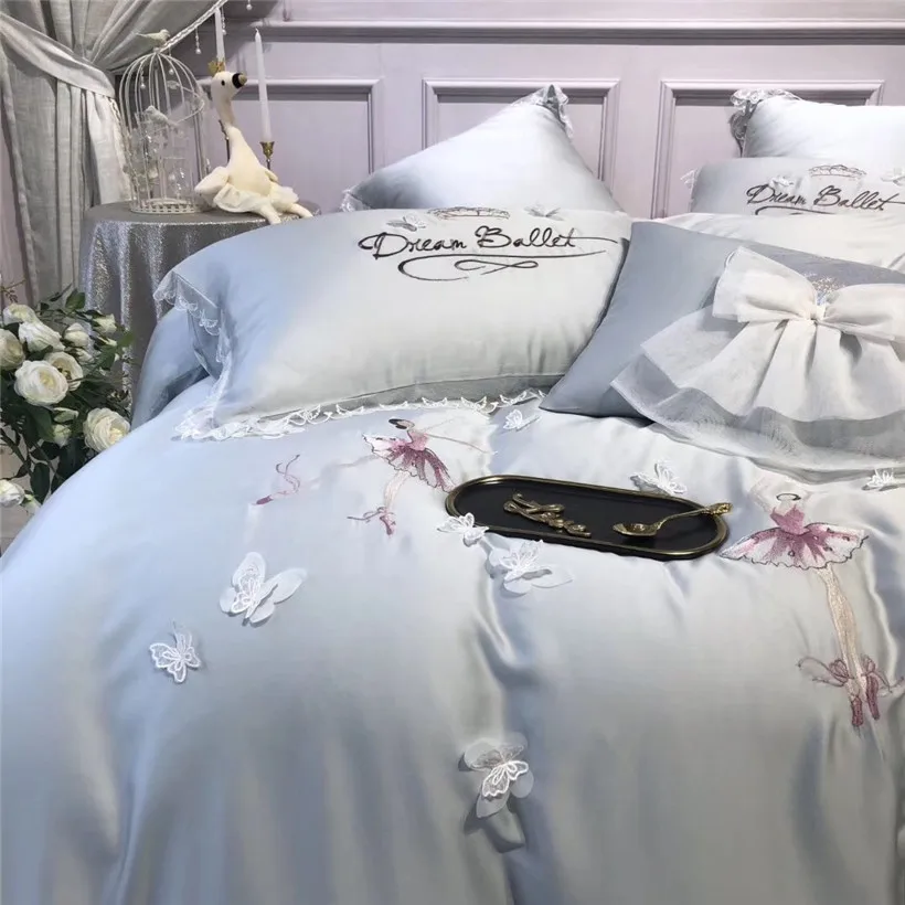 Queen King size 4/7 шт. Тенсел Шелковые Ультра мягкий шелк синего/серого цветов: Постельное белье с красивой бабочкой Детская Одежда для танцев; пододеяльник, простынь и наволочки
