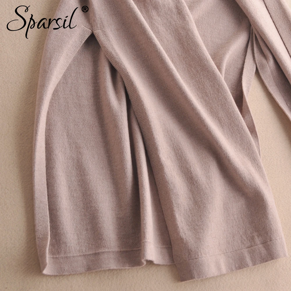 Sparsil Для женщин осень шерсть длинная Кардиганы для однотонные вязаные сторона Ил