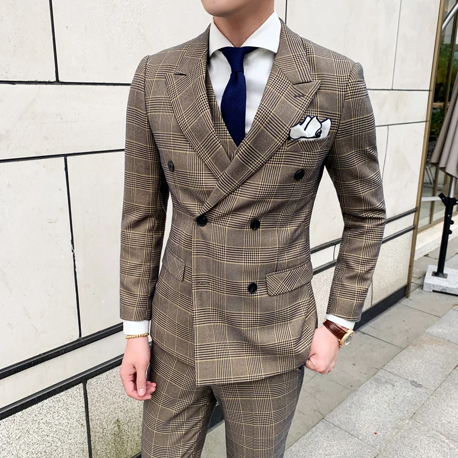 Хаки светильник синий Клетчатый костюм для Для мужчин Slim Fit s двубортный жениха