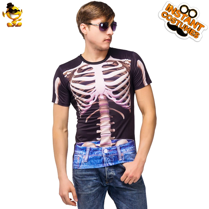 

DSPLAY Cosplay Scary Cool Short Sleeve T-shirt for Men Costumes Party Men's Printing Skeleton 100% Polyester Tops Halloween