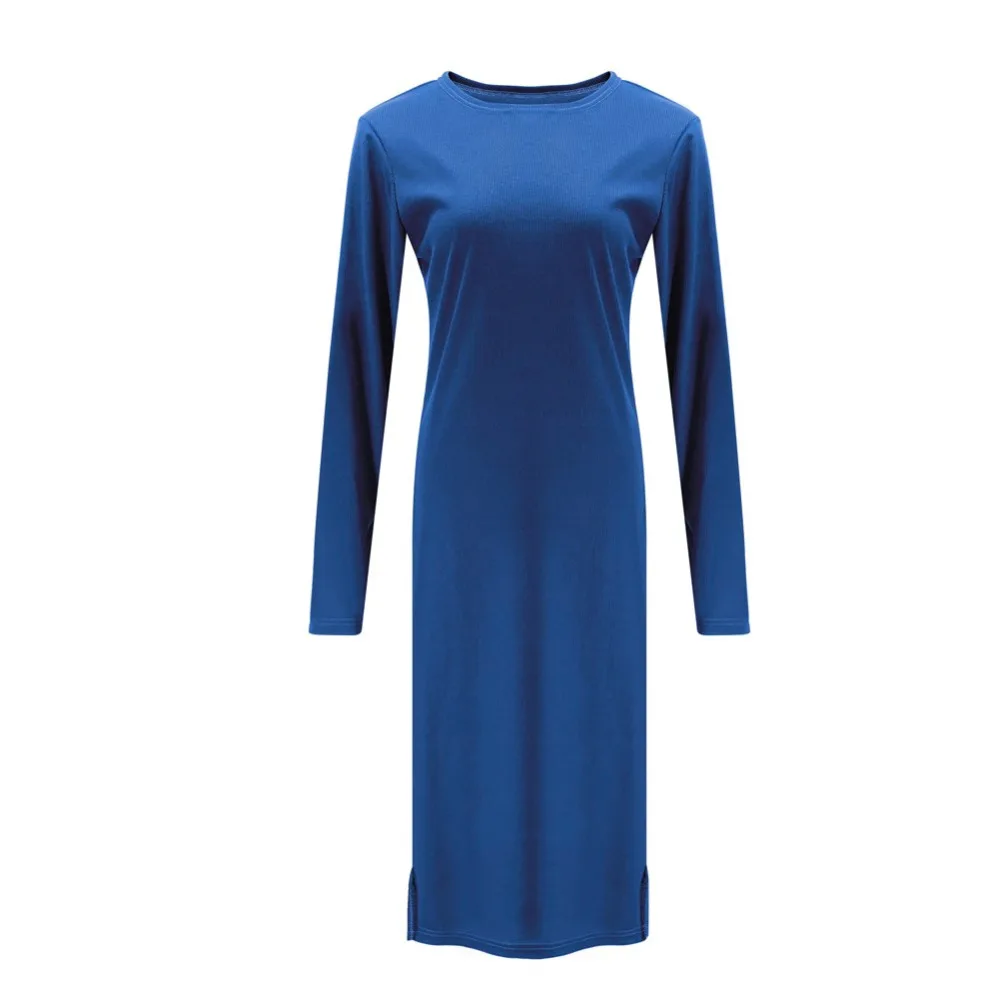 2018 Autumn Winter Women Office Pencil Casual Dress Solid Color Slim Long Sleeve O Neck Split Mid-calf Length | Женская одежда