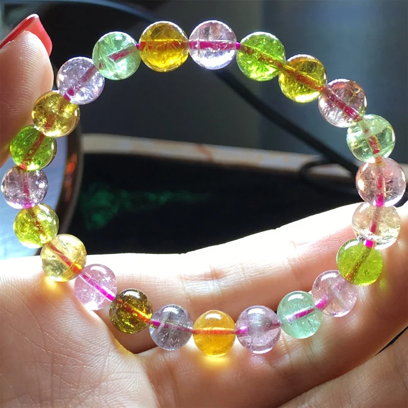

High Quality Genuine Clear Colorful Purple Green Pink Yellow Tourmaline Multi-color Stretch Bracelet Round Beads 8mm 04488