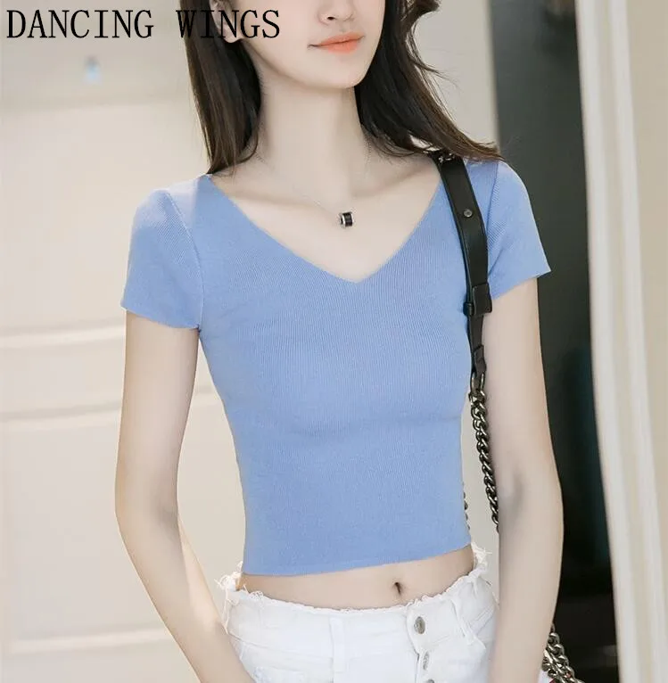 Женская футболка с V-образным вырезом коротким рукавом и пупком | одежда