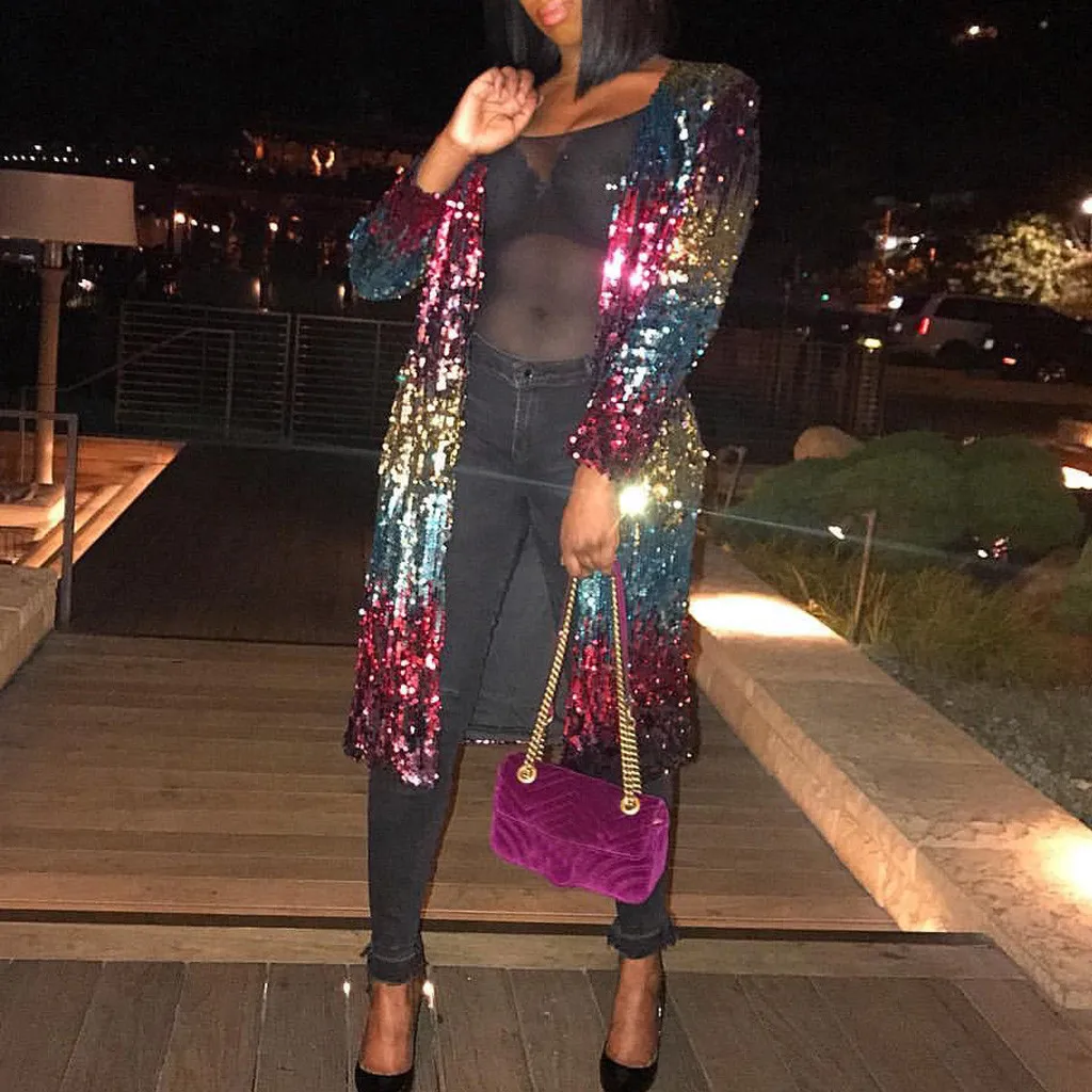 Женский осенний кардиган с длинными рукавами и блестками металлический открытый