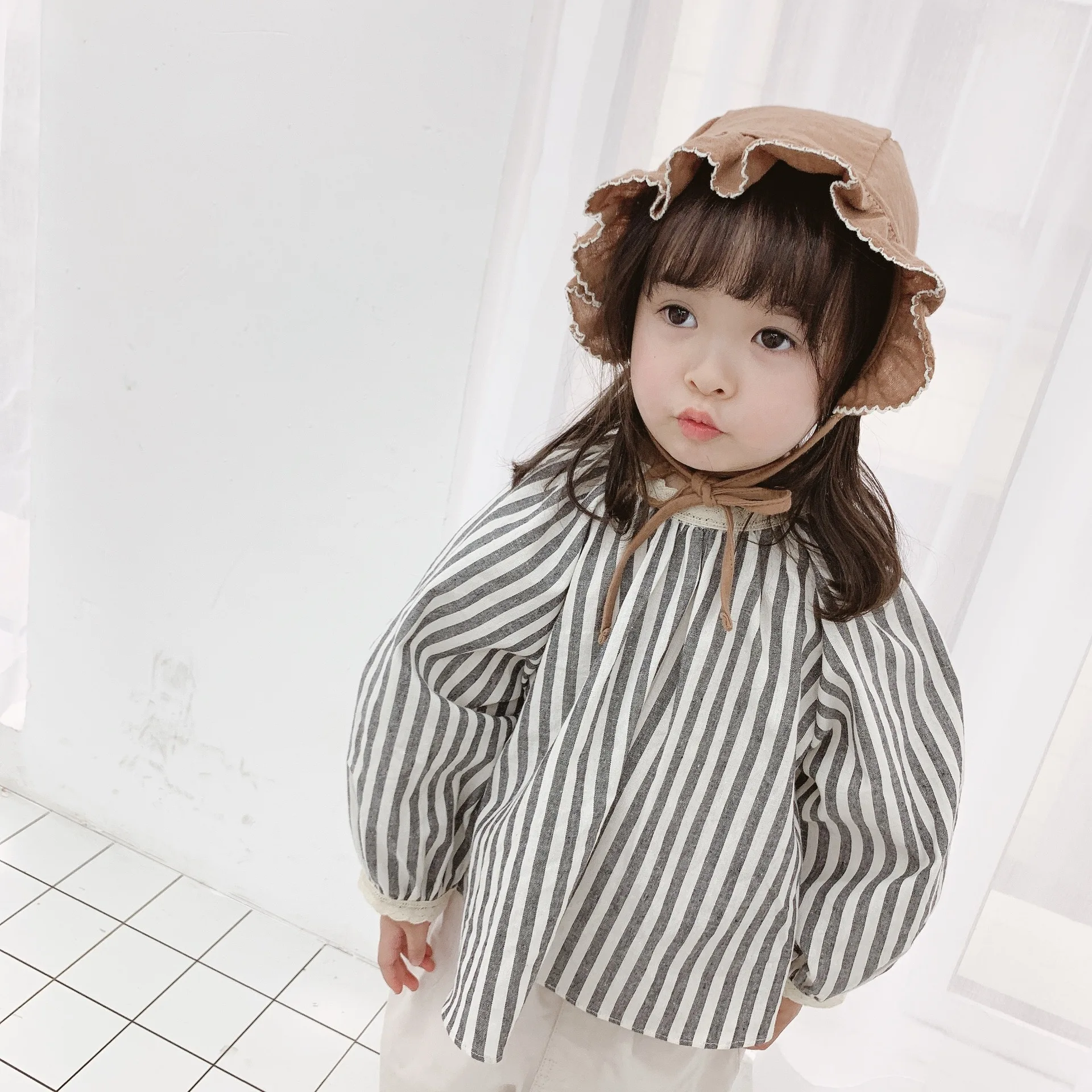 Японский стиль милый хлопок лен кружево длинный рукав свободные полосатые