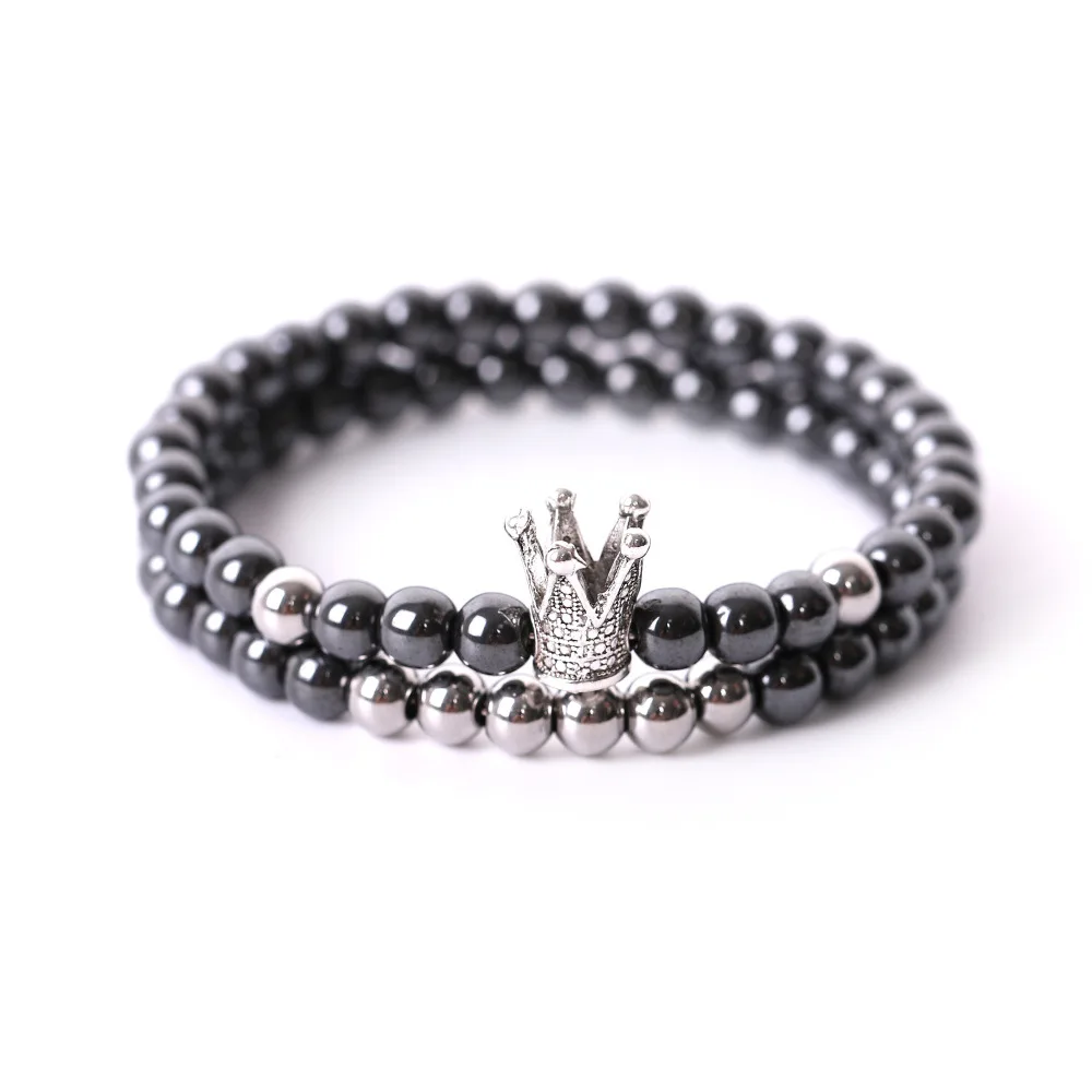 2 шт./компл. Корона 6 мм каменные бусины Howlite гематитовые из черного камня браслет