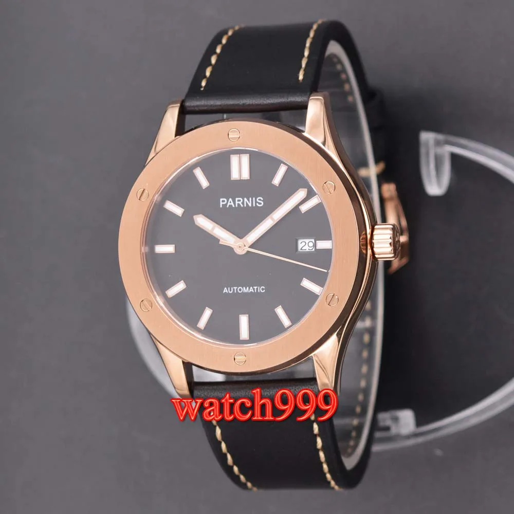 42 мм PARNIS механические мужские часы сапфировое стекло розовое золото светящийся