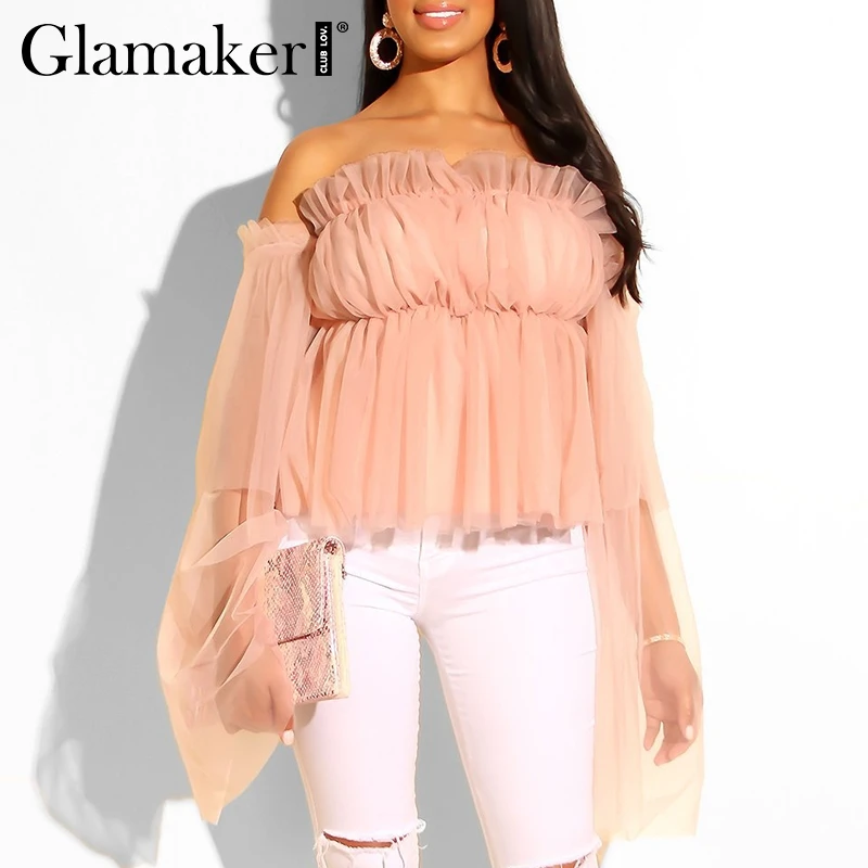 Женская блузка с открытыми плечами Glamaker летняя рукавами фонариками|Блузки| |