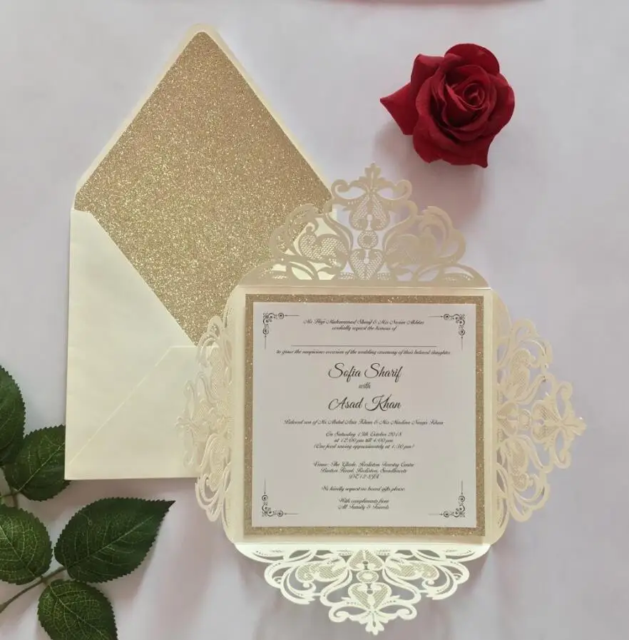 Customize printed Свадебные приглашения цвета слоновой кости с блестящим конвертом, лазерная обработка на заказ Пригласительные открытки на помолвку, 100 шт, экспресс - Цвет: Customize printed