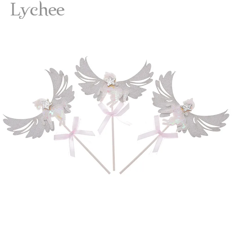 Личи 3 шт Единорог Крыло ангела Торт Топперы красочные блёстки торт Топпер