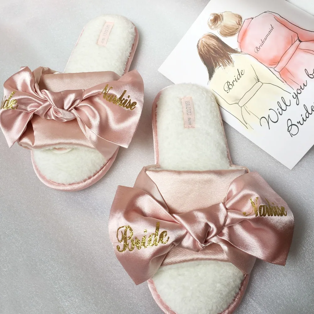 

4pairs lot printing logo pink dark blue Bride Satin slippers wedding bridal hen party gifts personalized bridesmaid gift