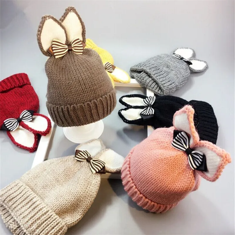 Зимняя детская шапка с милыми ушками теплая шерстяная для малышей вязаная