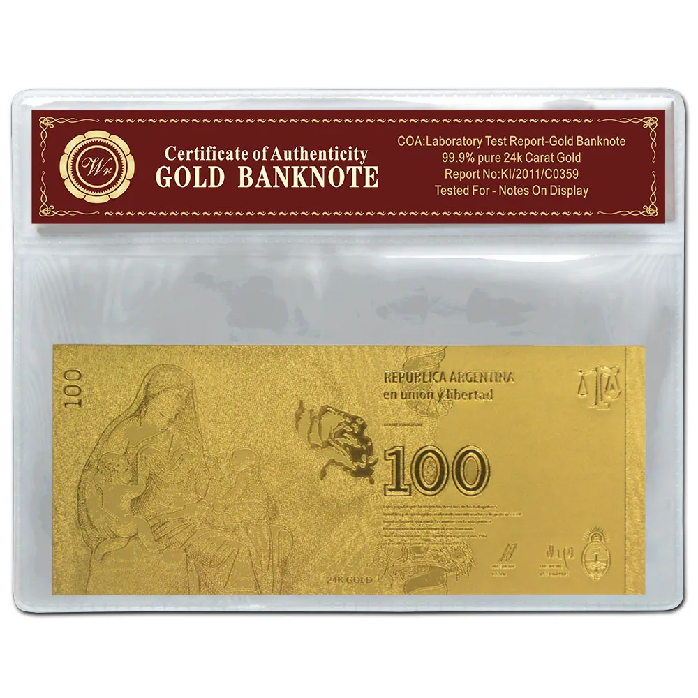 Бесплатный пластиковый рукав 2012 года 100 песо Аргентина Золотая банкнота сувениры