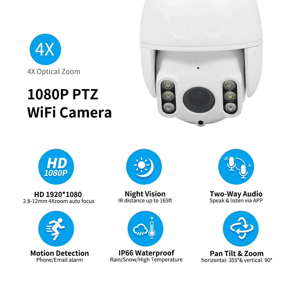 

IP-камера наружная, 1080P, PTZ, Wi-Fi, 4-кратный оптический зум
