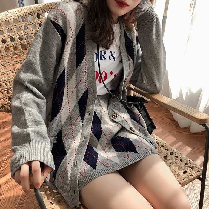 4 цвета свитер юбка Женский комплект винтажный вязаный кардиган + мини А силуэта