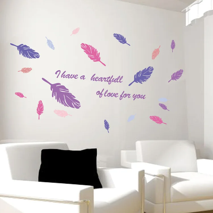 YY7210 Europe and America style colorful feather wall sticker individuality living room pvc can remove home decoration |