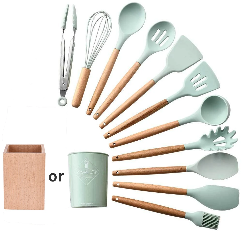 New 11 Style Green Silicone Kitchen Utensil Set Wooden Handle Nonstick Utensils Cooking Tools Heat-resistant Soup Spoon Spatula | Дом и сад