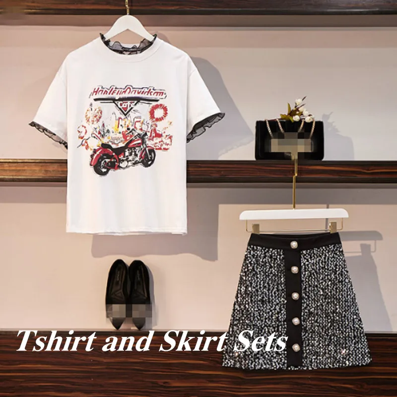 Tshirt and Skirt Set INS/Модная юбка с пайетками; комплект из 2 предметов; женская одежда; кружевная отделка; короткий рукав; персональный принт; футболка+ юбка трапециевидной формы на пуговицах - Цвет: Tshirt and Skirt Set