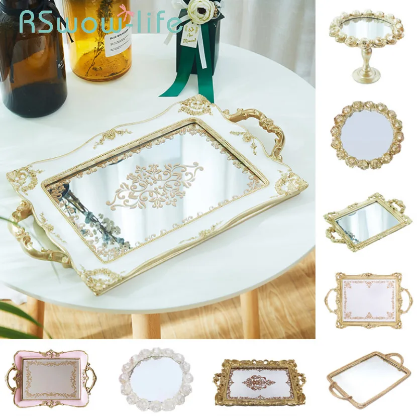 

Vintage Carved Resin Mirror Trays Rectangular Cake Food Tray Cosmetics Jewelry Storage Tray Serving Platter Decorative Trays