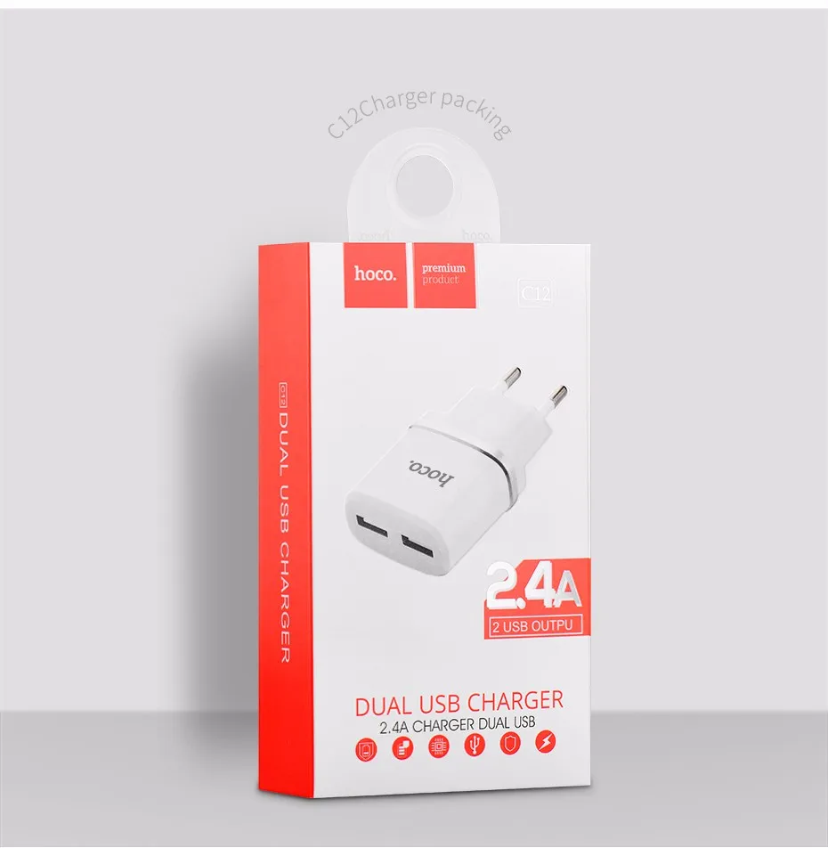 HOCO 5 V 2.4A Универсальное Два USB Порта Зарядное Устройство Зарядный Адаптер Европейская Вилка ЕС Портативный Зарядник для iPhone Samsung Xiaomi Зарядка для Айфона Айпада Самсунга Сяоми Путешествия ЮСБ