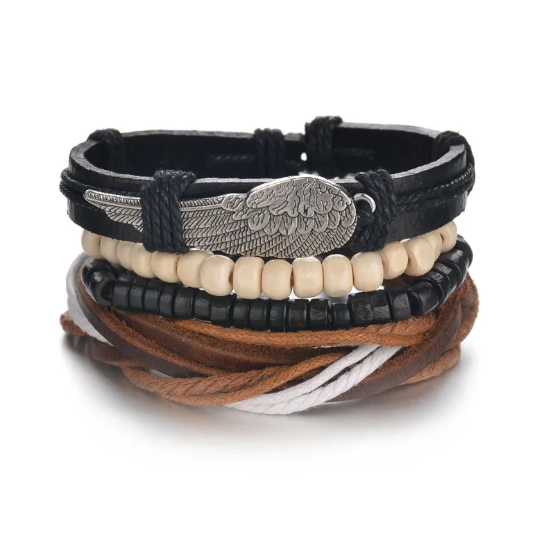 4 шт./компл. плетеный кожаный браслет деревянный из бусин панк регулируемый