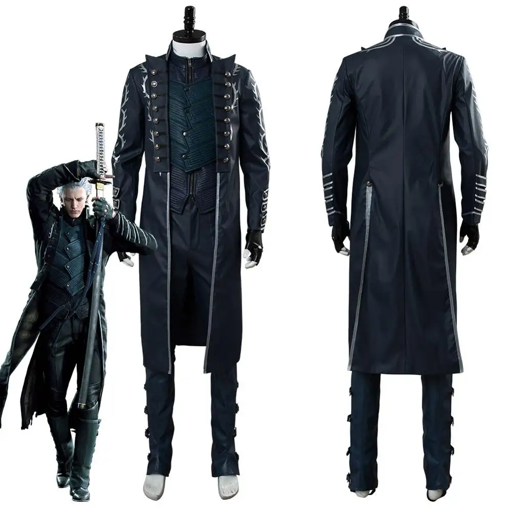 

May Cry 5 DMC 5 Vergil Cosplay Costume Aged Outfit Leather Coat Full Suit Adult Men Halloween Carnival Costumes