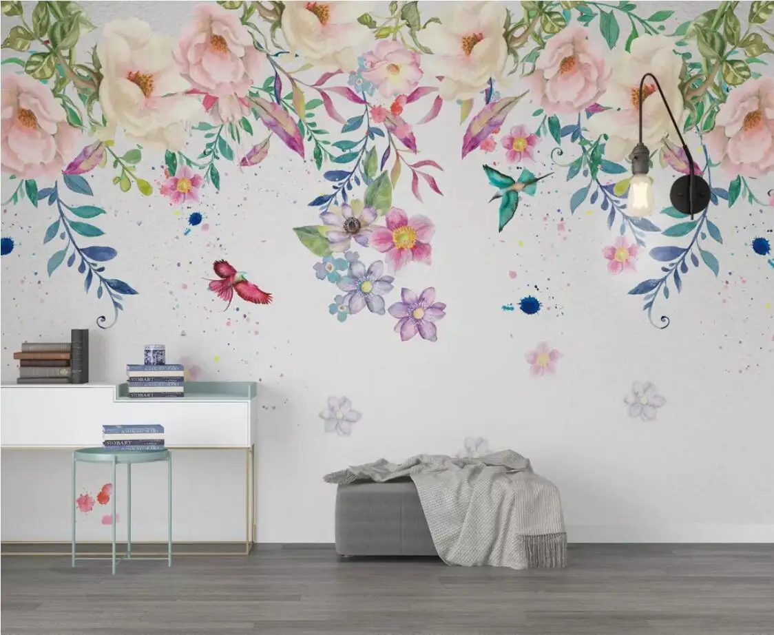

Nordic Watercolor Flower Mural 3d Photo Wallpaper for Living Room Wall Decor Wall Paper Rolls Floral Green Leaves Wallpaper