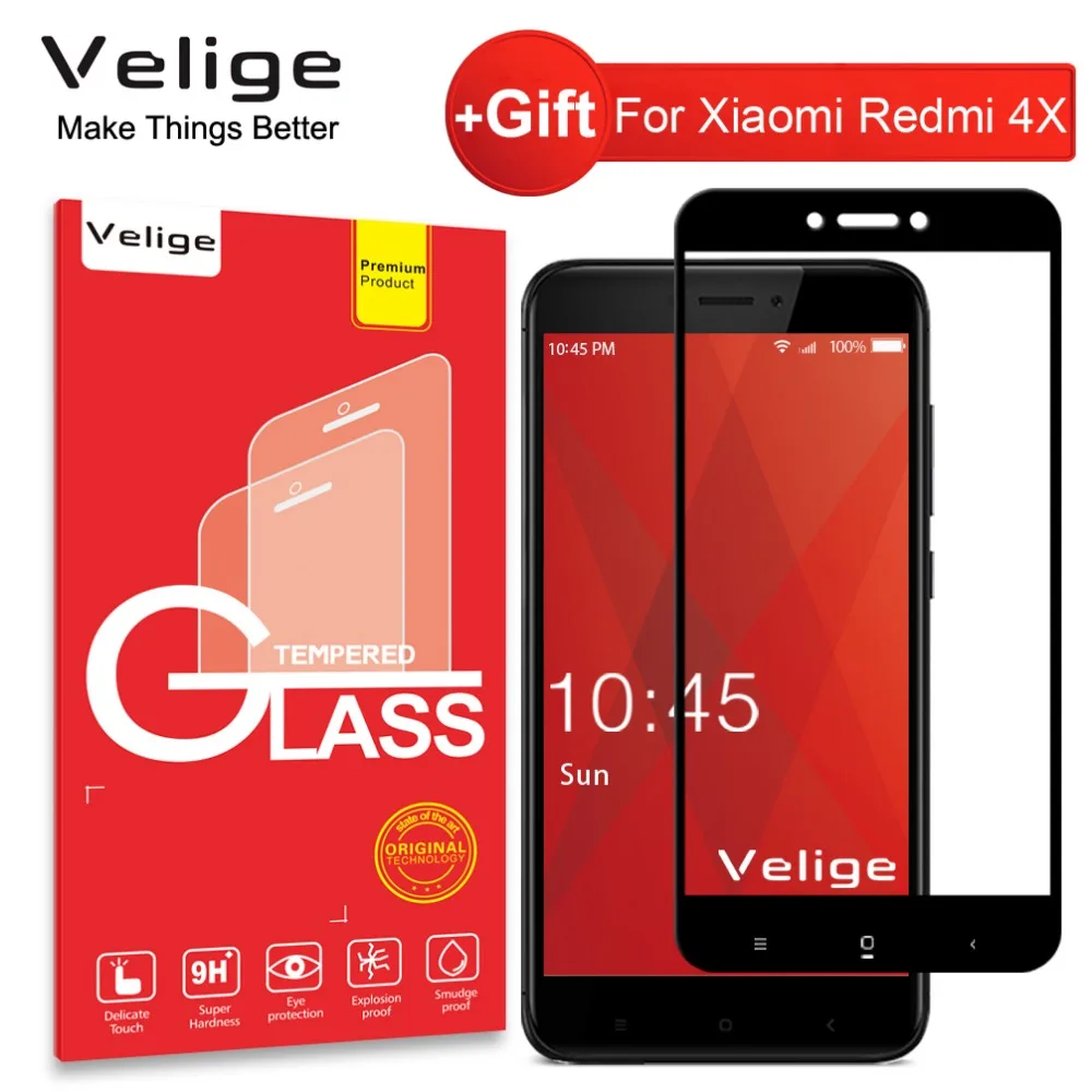 Velige 9H полное покрытие закаленное стекло для Xiaomi Redmi 4X Redmi4X 4 X защита экрана