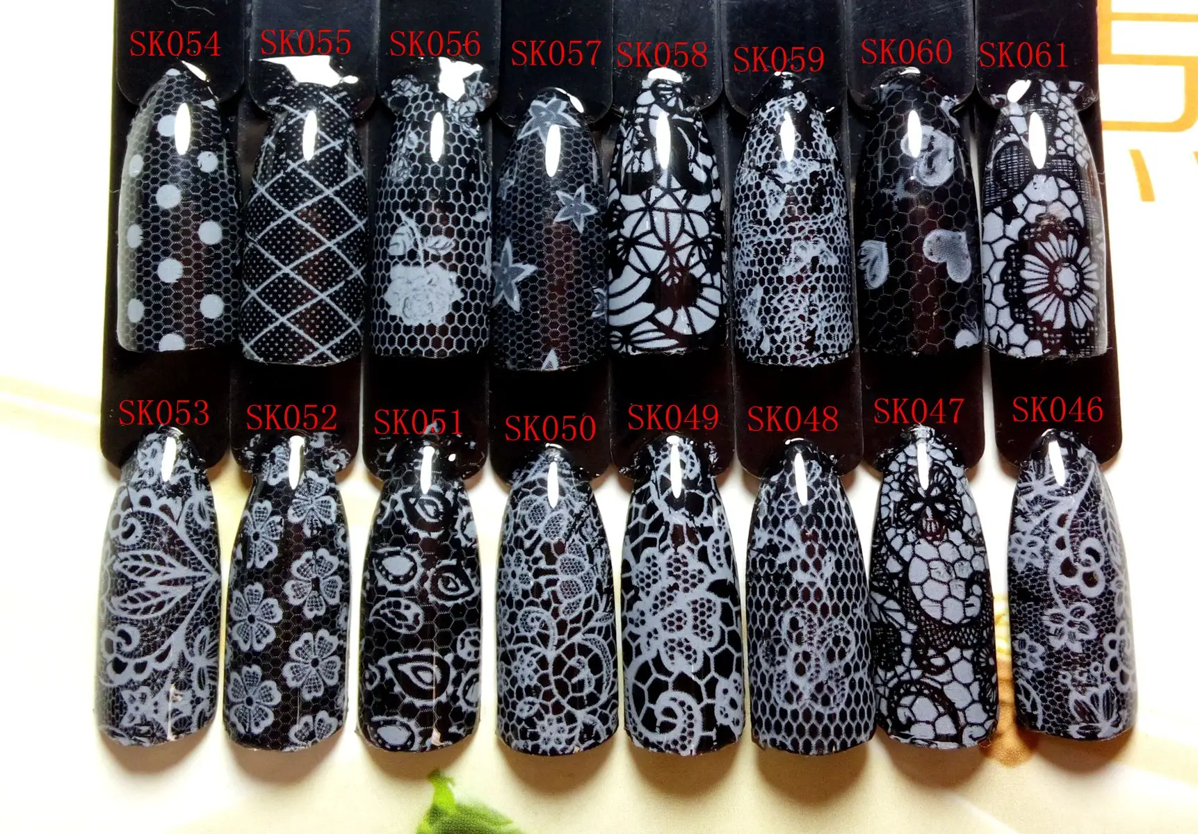 WhiteLace-16pcs 16 шт* 100 см прозрачные черные сетки DIY наклейки для дизайна ногтей маленькие точки узоры для переноса ногтей Фольга полное покрытие наклейки для маникюра - Цвет: WhiteLace-16pcs