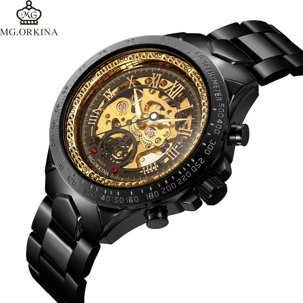 Золотые черные мужские часы Скелет дизайн металлический ремешок бизнес стильные